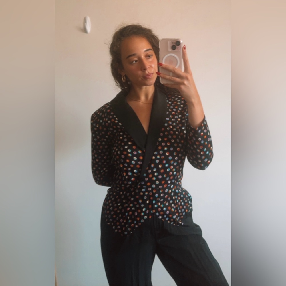 Vintage 80s Tareti by Howard Lei Colorful Polka Dot Zig Zag Blazer Jumpsuit